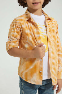 Redtag-Yellow-Check-Shirt-And-T-Shirt-Set-Casual-Shirts-Boys-2 to 8 Years