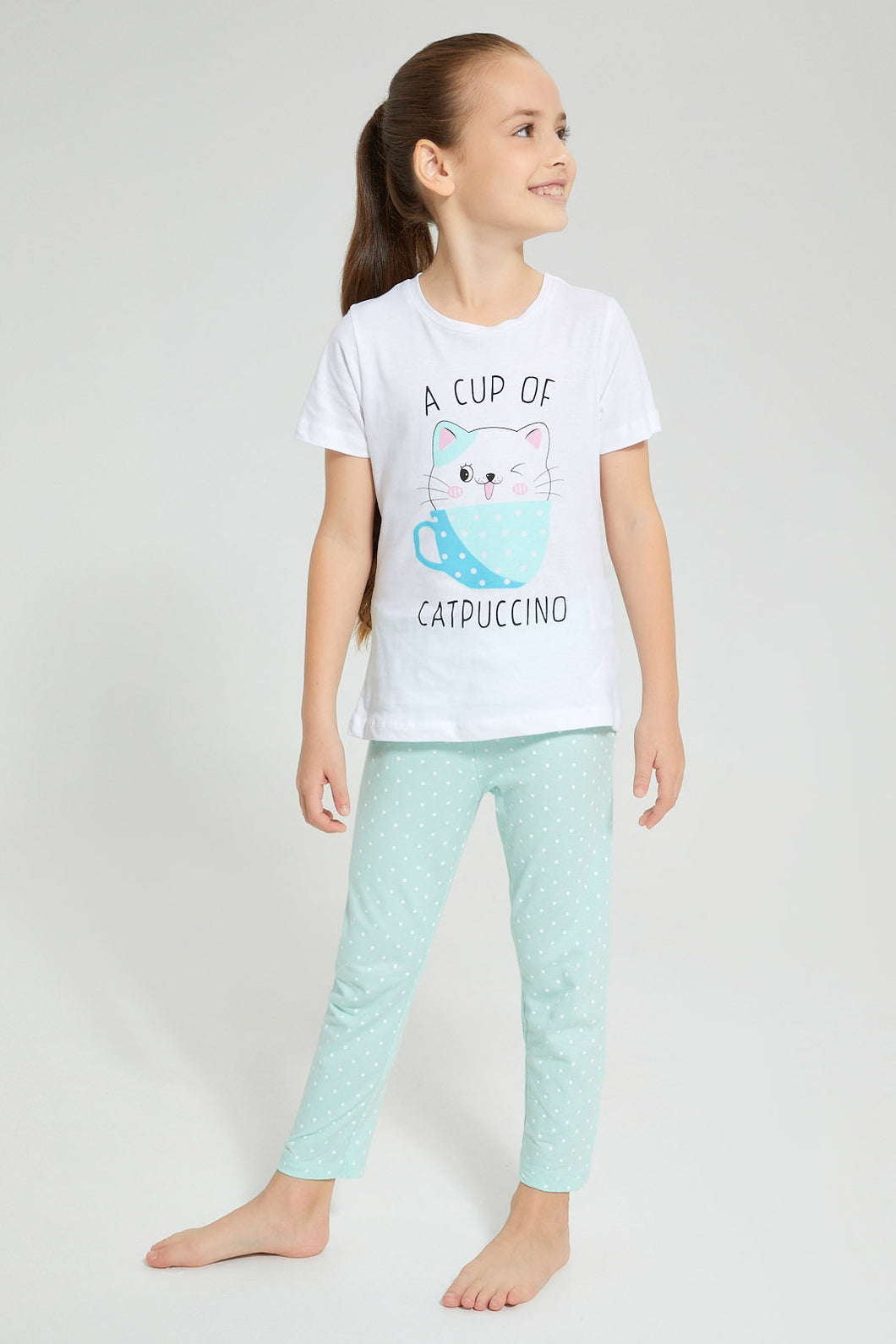 Redtag-Assorted-2Pk-Cat-Printed-Nightsuit-Pyjama-Sets-Girls-2 to 8 Years