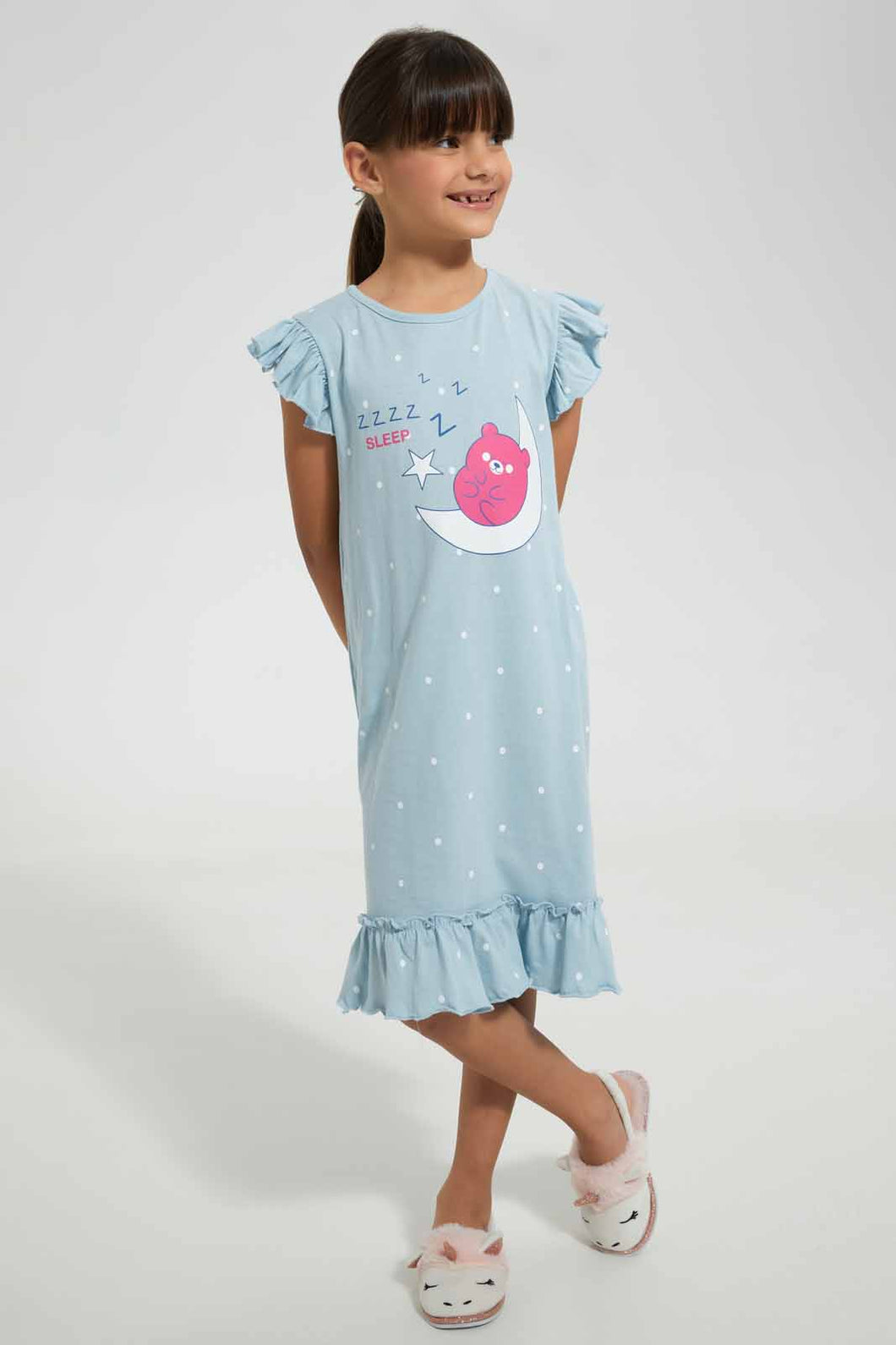 Redtag-Blue-Aop-Teddy-Print-Nightshirt-Nightshirts-Girls-2 to 8 Years