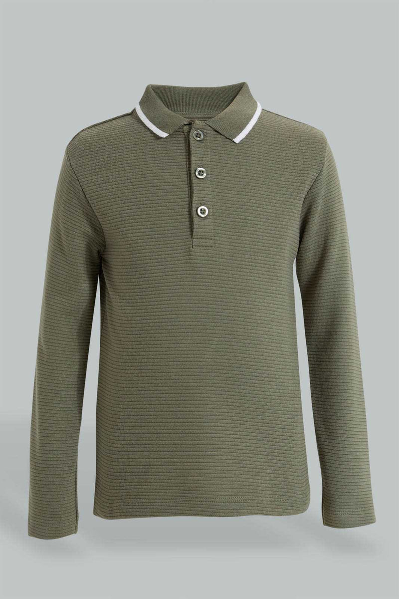 Redtag-Olive-Ottoman-Long-Sleeve-Polo-Shirt-Polo-Shirts-Boys-2 to 8 Years