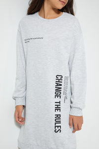 Redtag-Grey-Melange-Slogan-Sweatshirt-Dress-Dresses-Senior-Girls-9 to 14 Years