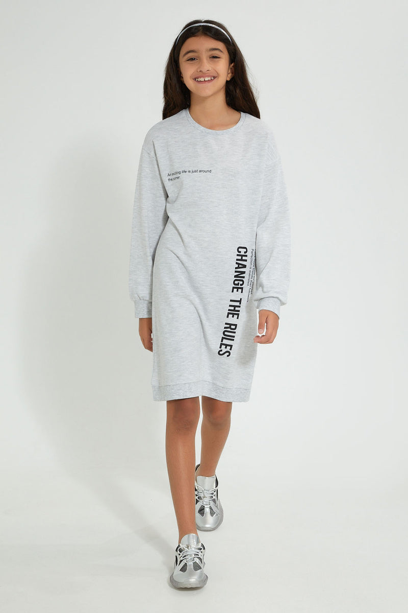 Redtag-Grey-Melange-Slogan-Sweatshirt-Dress-Dresses-Senior-Girls-9 to 14 Years