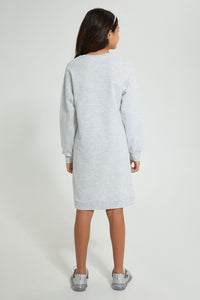 Redtag-Grey-Melange-Slogan-Sweatshirt-Dress-Dresses-Senior-Girls-9 to 14 Years