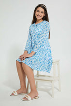 Load image into Gallery viewer, Redtag-White/Blue-Floral-L/S-Tiered-Knitted-Dress-Dresses-Senior-Girls-9 to 14 Years
