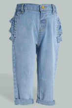 Load image into Gallery viewer, Redtag-Light-Wash-Mom-Denim-With-Frill-Details-At-Back-Jeans-Regular-Fit-Infant-Girls-3 to 24 Months
