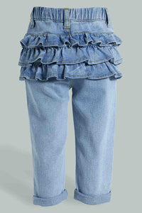 Redtag-Light-Wash-Mom-Denim-With-Frill-Details-At-Back-Jeans-Regular-Fit-Infant-Girls-3 to 24 Months