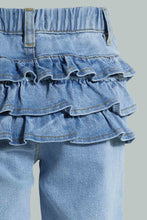 Load image into Gallery viewer, Redtag-Light-Wash-Mom-Denim-With-Frill-Details-At-Back-Jeans-Regular-Fit-Infant-Girls-3 to 24 Months
