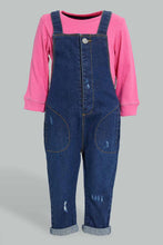 تنزيل الصورة على معرض الصور، Redtag-Denim-Pocket-Detailed-Dungaree-With-T-Shirt-Shirt-Jumpsuits-Infant-Girls-3 to 24 Months
