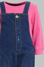تنزيل الصورة على معرض الصور، Redtag-Denim-Pocket-Detailed-Dungaree-With-T-Shirt-Shirt-Jumpsuits-Infant-Girls-3 to 24 Months
