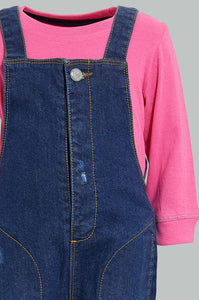 Redtag-Denim-Pocket-Detailed-Dungaree-With-T-Shirt-Shirt-Jumpsuits-Infant-Girls-3 to 24 Months