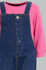Redtag-Denim-Pocket-Detailed-Dungaree-With-T-Shirt-Shirt-Jumpsuits-Infant-Girls-3 to 24 Months