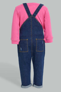 Redtag-Denim-Pocket-Detailed-Dungaree-With-T-Shirt-Shirt-Jumpsuits-Infant-Girls-3 to 24 Months