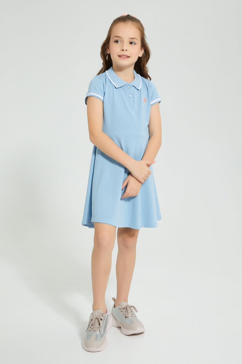 Redtag-Blue-Polo-Collar-Dress-Colour:Blue,-Filter:Girls-(2-to-8-Yrs),-Girls-Dresses,-New-In,-New-In-GIR,-Non-Sale,-S22B,-Section:Kidswear-Girls-2 to 8 Years