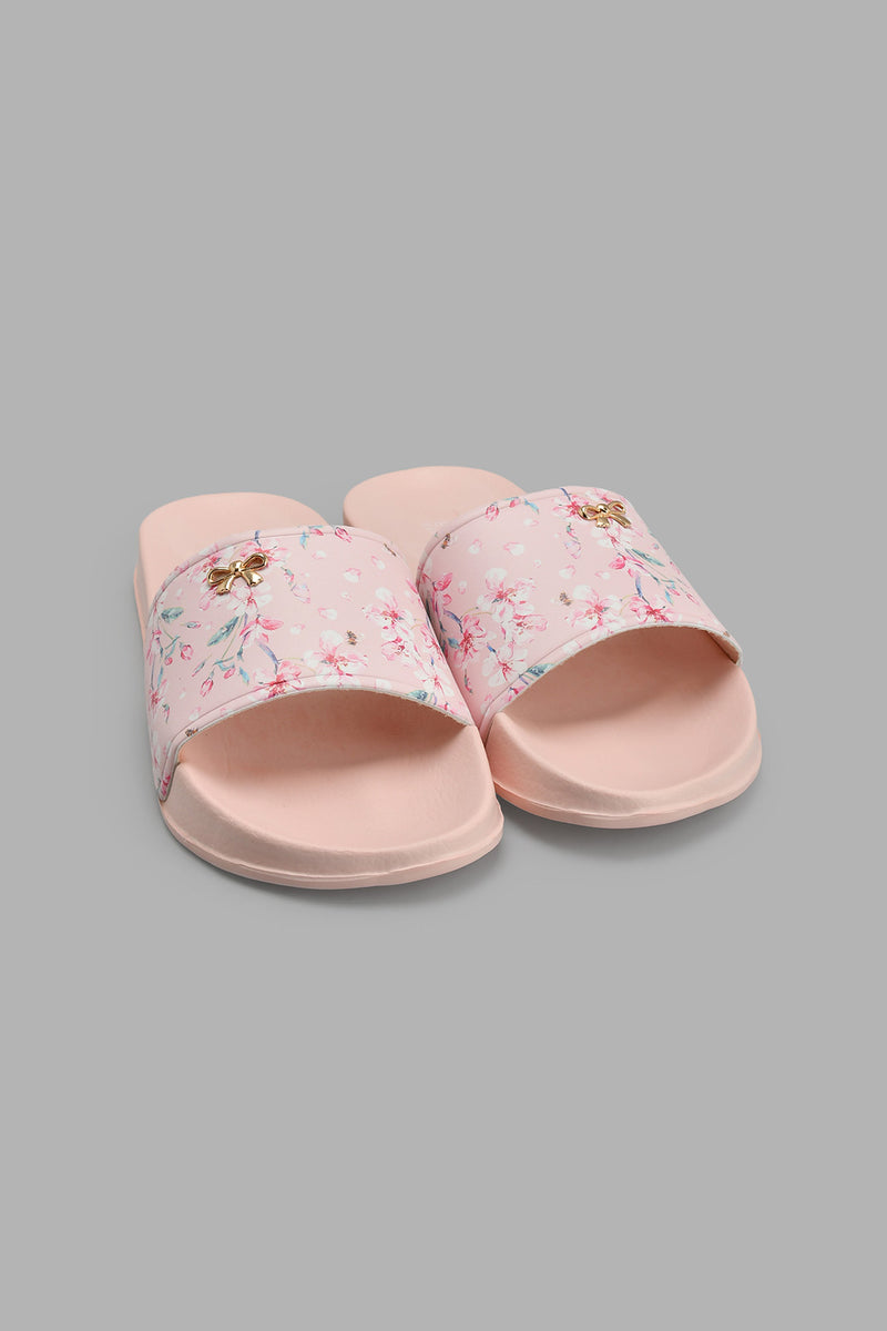 Redtag-Pink-Floral-Slide-With-Bow-Trim-Sliders-Women's-