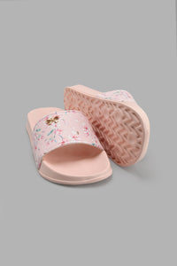 Redtag-Pink-Floral-Slide-With-Bow-Trim-Sliders-Women's-