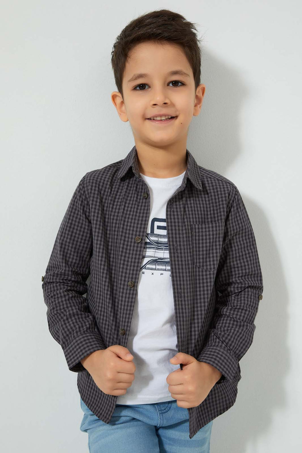 Redtag-Grey-Check-Shirt-And-T-Shirt-Set-Boys-Shirts,-Colour:Dark-Grey,-Filter:Boys-(2-to-8-Yrs),-New-In,-New-In-BOY,-Non-Sale,-S22B,-Section:Kidswear-Boys-2 to 8 Years