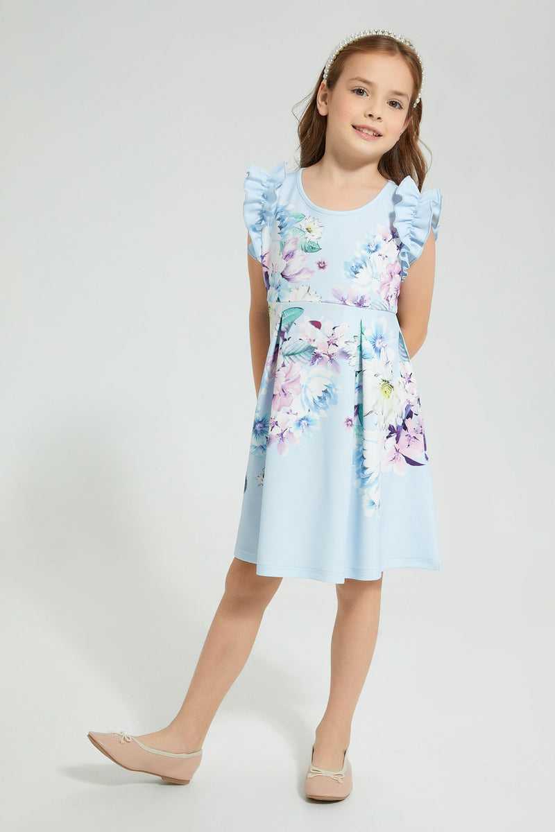 Redtag-Blue-Printed-Dress-With-Ruffled-Sleeve-Colour:Blue,-Filter:Girls-(2-to-8-Yrs),-Girls-Dresses,-New-In,-New-In-GIR,-Non-Sale,-S22B,-Section:Kidswear-Girls-2 to 8 Years