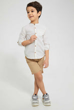 تنزيل الصورة على معرض الصور، Redtag-Beige-Dobby-Mandarin-Collar-Long-Sleeved-Shirt-Casual-Shirts-Boys-2 to 8 Years
