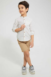 Redtag-Beige-Dobby-Mandarin-Collar-Long-Sleeved-Shirt-Casual-Shirts-Boys-2 to 8 Years