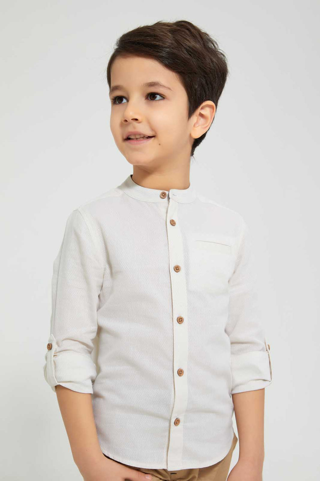 Redtag-Beige-Dobby-Mandarin-Collar-Long-Sleeved-Shirt-Casual-Shirts-Boys-2 to 8 Years