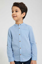 تنزيل الصورة على معرض الصور، Redtag-Blue-Dobby-Mandarin-Collar-Long-Sleeved-Shirt-Casual-Shirts-Boys-2 to 8 Years
