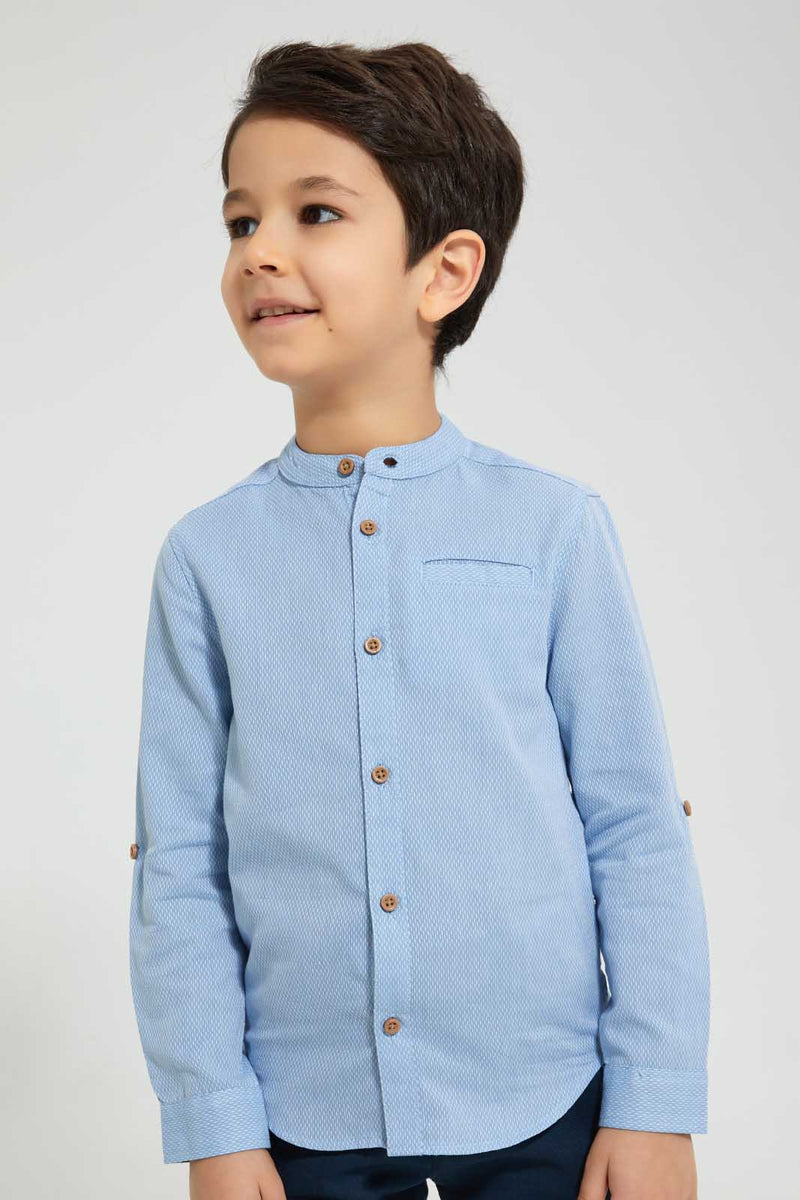 Redtag-Blue-Dobby-Mandarin-Collar-Long-Sleeved-Shirt-Casual-Shirts-Boys-2 to 8 Years