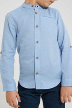 تنزيل الصورة على معرض الصور، Redtag-Blue-Dobby-Mandarin-Collar-Long-Sleeved-Shirt-Casual-Shirts-Boys-2 to 8 Years
