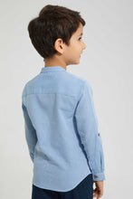 تنزيل الصورة على معرض الصور، Redtag-Blue-Dobby-Mandarin-Collar-Long-Sleeved-Shirt-Casual-Shirts-Boys-2 to 8 Years

