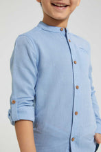 تنزيل الصورة على معرض الصور، Redtag-Blue-Dobby-Mandarin-Collar-Long-Sleeved-Shirt-Casual-Shirts-Boys-2 to 8 Years
