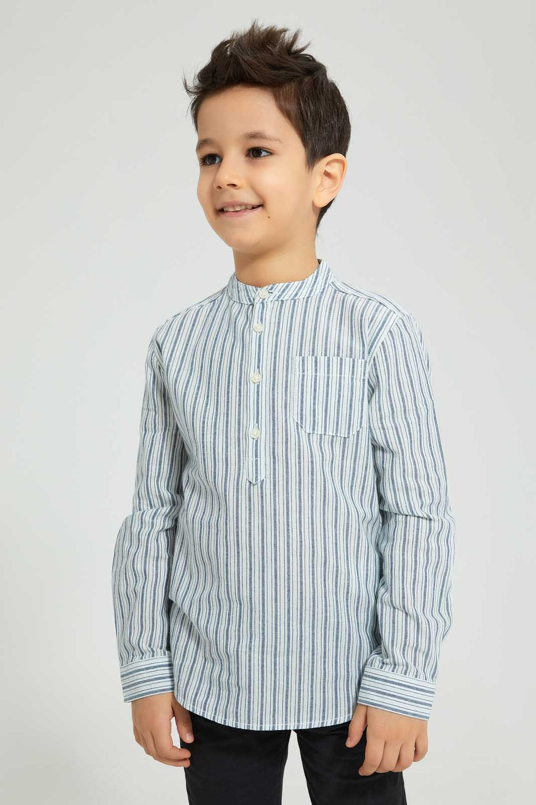 Redtag-Blue-Stripe-Mandarin-Collar-Shirt-Boys-Shirts,-Colour:Blue,-Filter:Boys-(2-to-8-Yrs),-New-In,-New-In-BOY,-Non-Sale,-S22B,-Section:Kidswear-Boys-2 to 8 Years