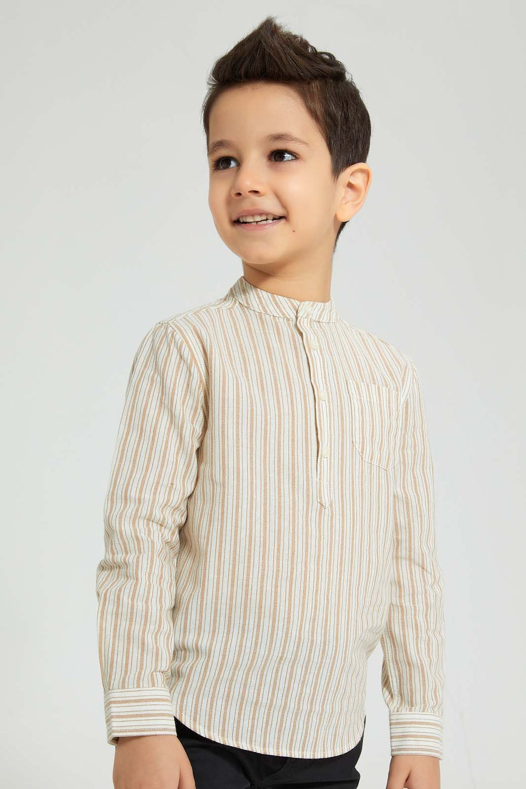 Redtag-Stone-Stripe-Mandarin-Collar-Shirt-Boys-Shirts,-Colour:Beige,-Filter:Boys-(2-to-8-Yrs),-New-In,-New-In-BOY,-Non-Sale,-S22B,-Section:Kidswear-Boys-2 to 8 Years