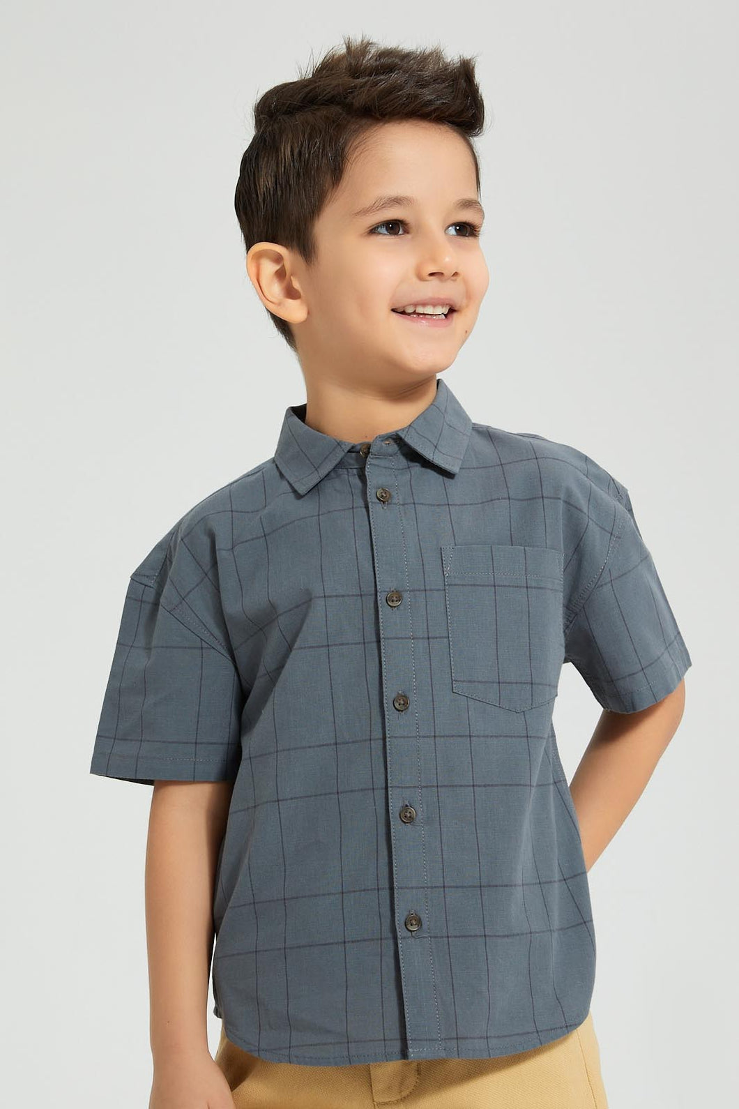 Redtag-Grey-Oversized-Check-Short-Sleeve-Shirt-Boys-Shirts,-Colour:Dark-Grey,-Filter:Boys-(2-to-8-Yrs),-New-In,-New-In-BOY,-Non-Sale,-S22B,-Section:Kidswear-Boys-2 to 8 Years