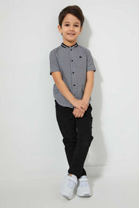 Redtag-Black-Check-Baseball-Neck-Short-Sleeve-Shirt-Casual-Shirts-Boys-2 to 8 Years