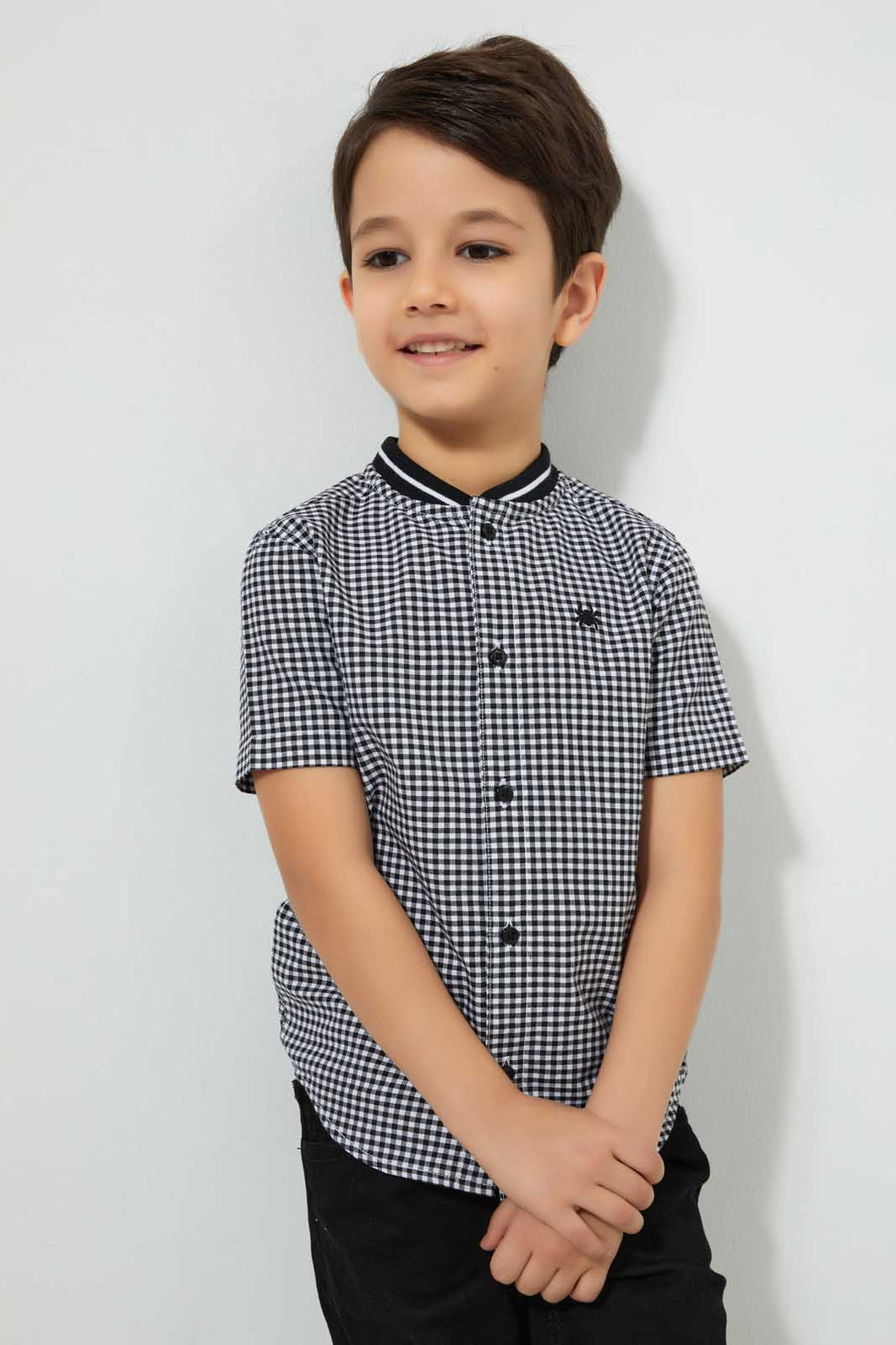 Redtag-Black-Check-Baseball-Neck-Short-Sleeve-Shirt-Casual-Shirts-Boys-2 to 8 Years