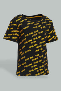 Redtag-Black-Printed-T-Shirt-With-Yellow-Jersey-Short-Casual-Set-(2-Pack)-Colour:Black,-Filter:Infant-Boys-(3-to-24-Mths),-Infant-Boys-Sets,-New-In,-New-In-INB,-Non-Sale,-S22A,-Section:Kidswear-Infant-Boys-3 to 24 Months