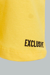 Redtag-Black-Printed-T-Shirt-With-Yellow-Jersey-Short-Casual-Set-(2-Pack)-Colour:Black,-Filter:Infant-Boys-(3-to-24-Mths),-Infant-Boys-Sets,-New-In,-New-In-INB,-Non-Sale,-S22A,-Section:Kidswear-Infant-Boys-3 to 24 Months