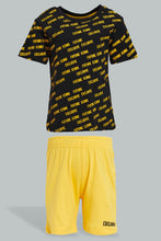Load image into Gallery viewer, Redtag-Black-Printed-T-Shirt-With-Yellow-Jersey-Short-Casual-Set-(2-Pack)-Colour:Black,-Filter:Infant-Boys-(3-to-24-Mths),-Infant-Boys-Sets,-New-In,-New-In-INB,-Non-Sale,-S22A,-Section:Kidswear-Infant-Boys-3 to 24 Months
