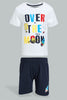 Redtag-White-T-Shirt-With-Blue-Jersey-Short-Casual-Set-(2-Pack)-Sets-Infant-Boys-3 to 24 Months