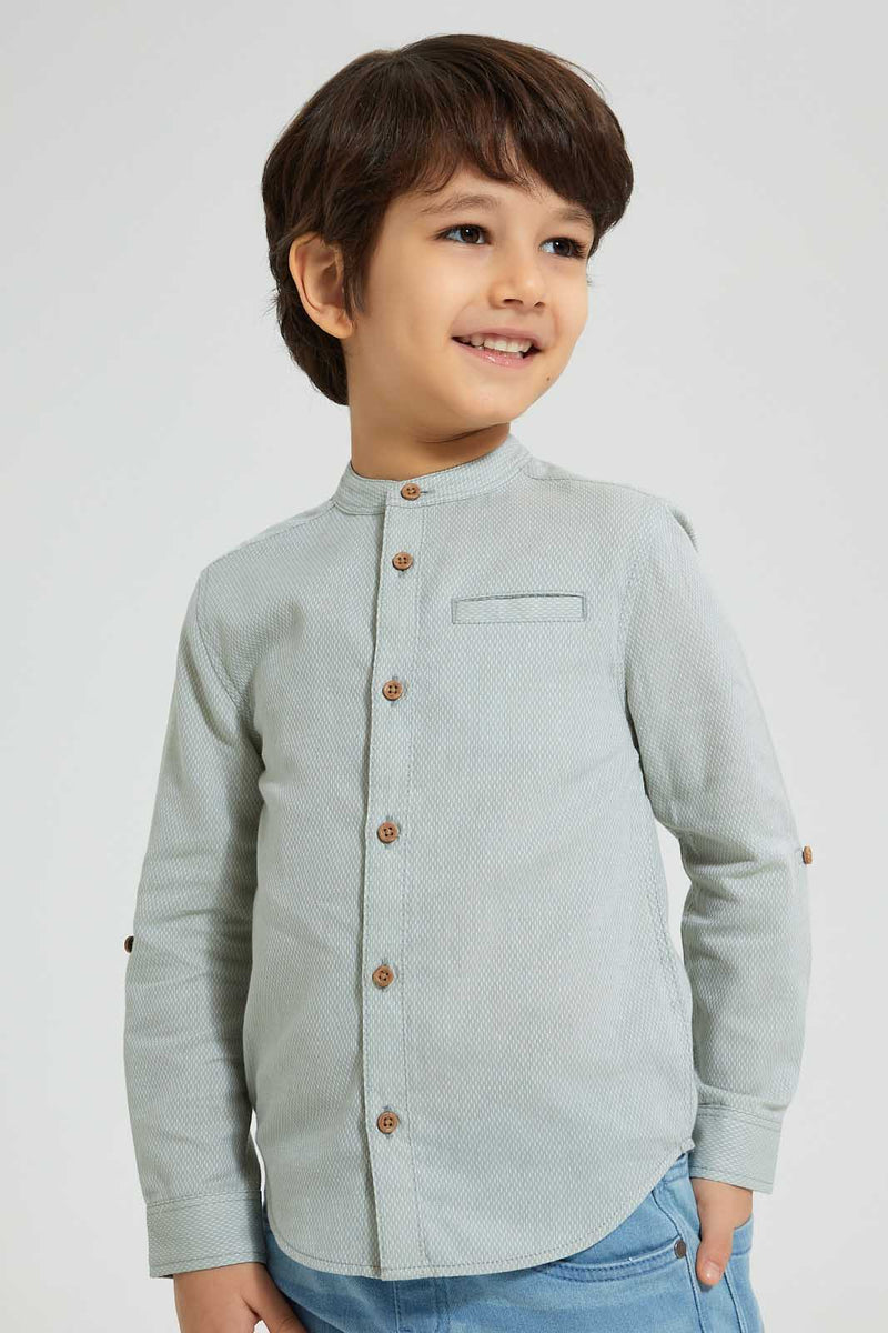 Redtag-Olive-Dobby-Mandarin-Collar-Long-Sleeved-Shirt-Casual-Shirts-Boys-2 to 8 Years