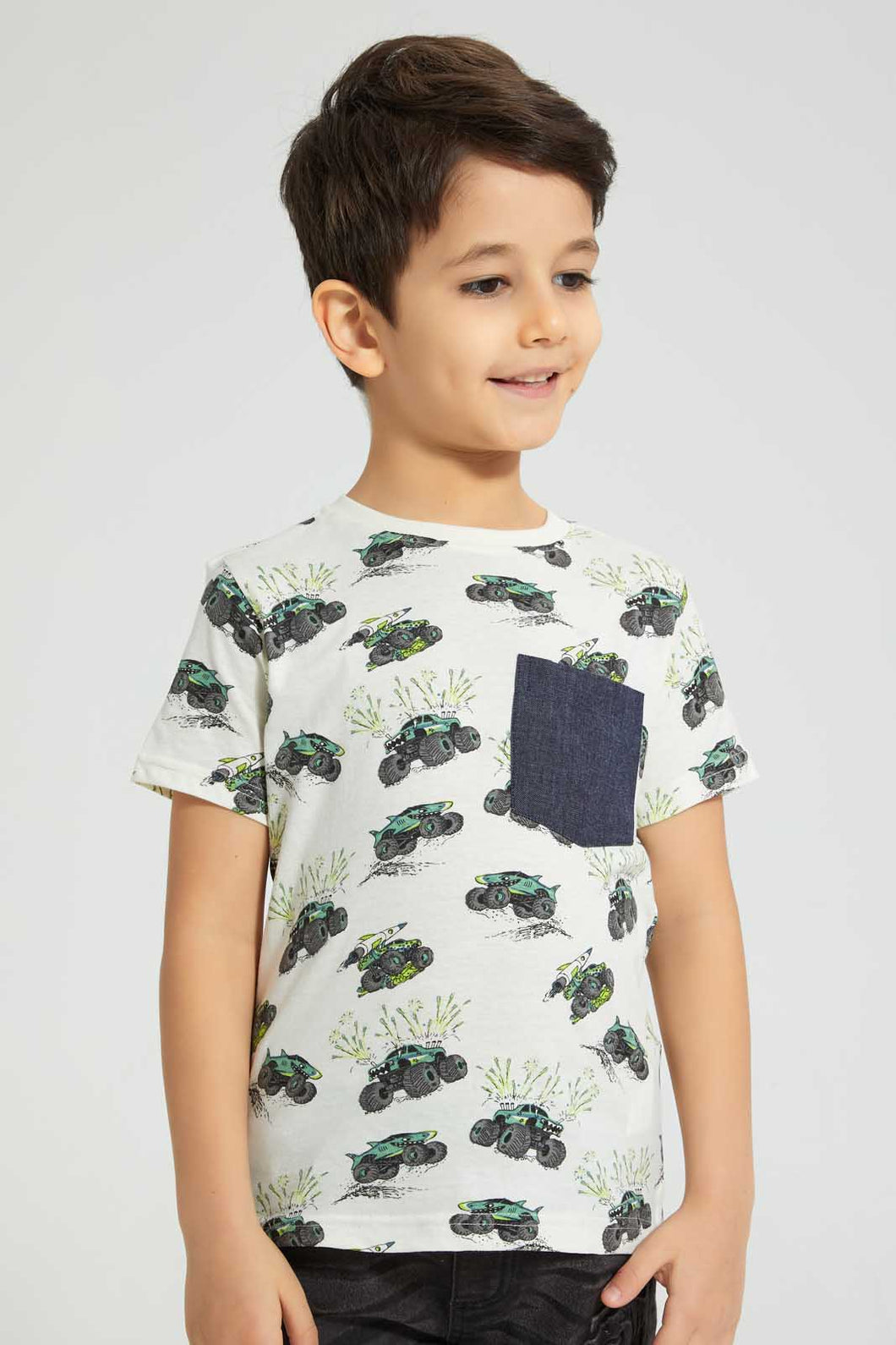 Redtag-Beige-Jeep-Print-Pocket-T-Shirt-All-Over-Prints-Boys-2 to 8 Years