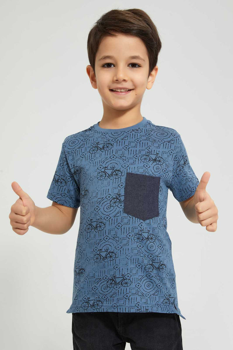 Redtag-Blue-Bicycle-Print-T-Shirt-All-Over-Prints-Boys-2 to 8 Years