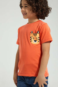 Redtag-Orange-Tiger-Pocket-T-Shirt-All-Over-Prints-Boys-2 to 8 Years