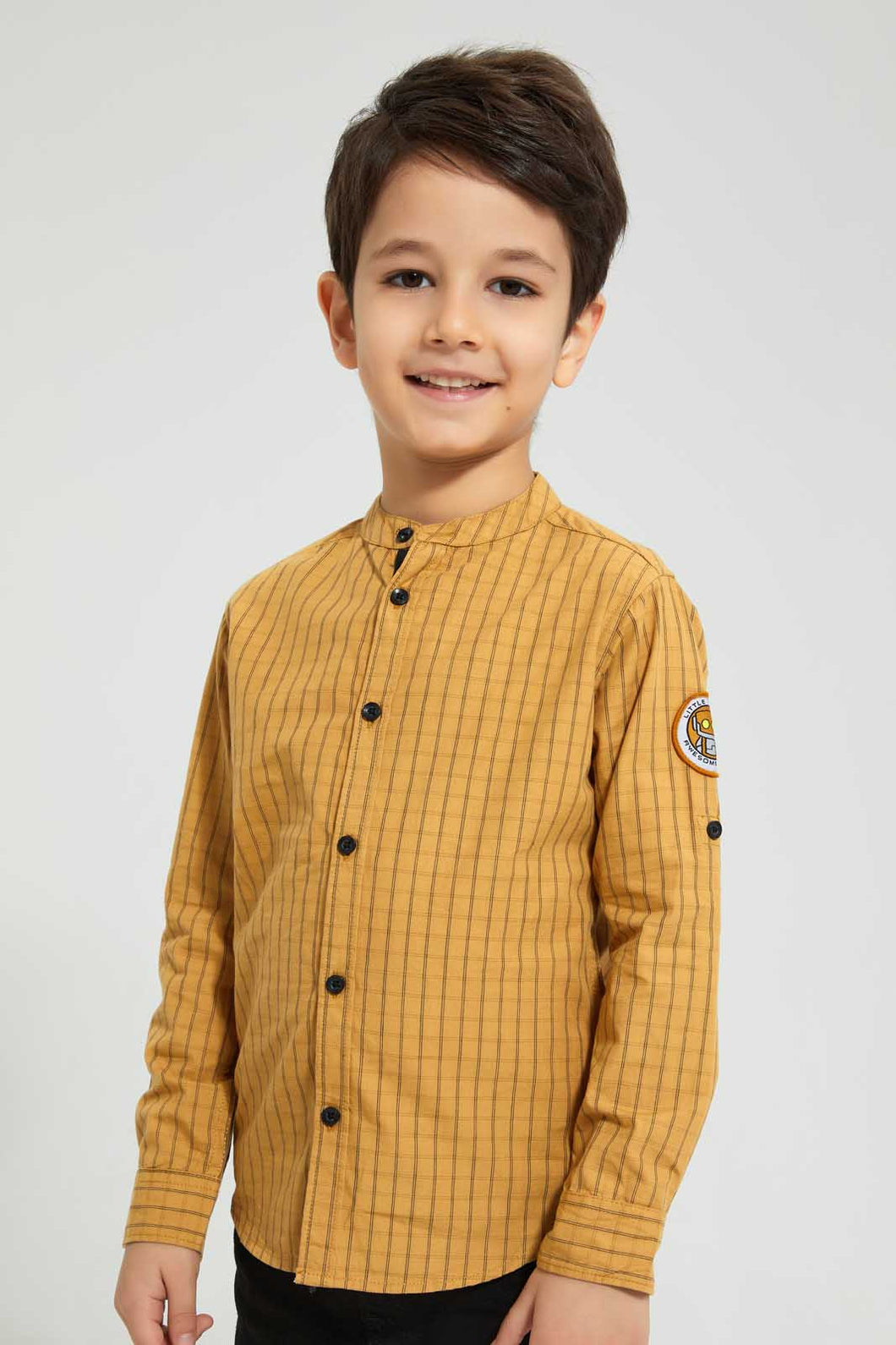 Redtag-Yellow-Long-Sleeve--Check-Mandarin-Shirt-Casual-Shirts-Boys-2 to 8 Years