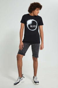 Redtag-Black-Glitch-Tee-All-Over-Prints-Senior-Boys-9 to 14 Years