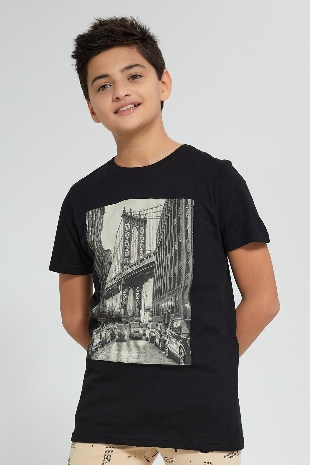 Redtag-Black-Brooklyn-Bridge-T-Shirt-Graphic-Prints-Senior-Boys-9 to 14 Years