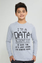 Load image into Gallery viewer, Redtag-Grey-Data-Scientist-T-Shirt-Long-Sleeves-Senior-Boys-9 to 14 Years
