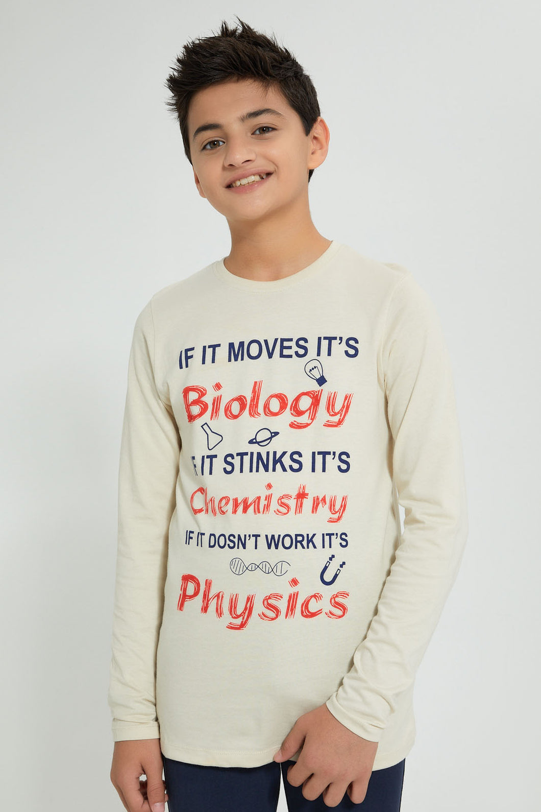 Redtag-Beige-Science-T-Shirt-Long-Sleeves-Senior-Boys-9 to 14 Years