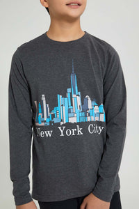 Redtag-Charcoal-New-York-T-Shirt-Long-Sleeves-Senior-Boys-9 to 14 Years