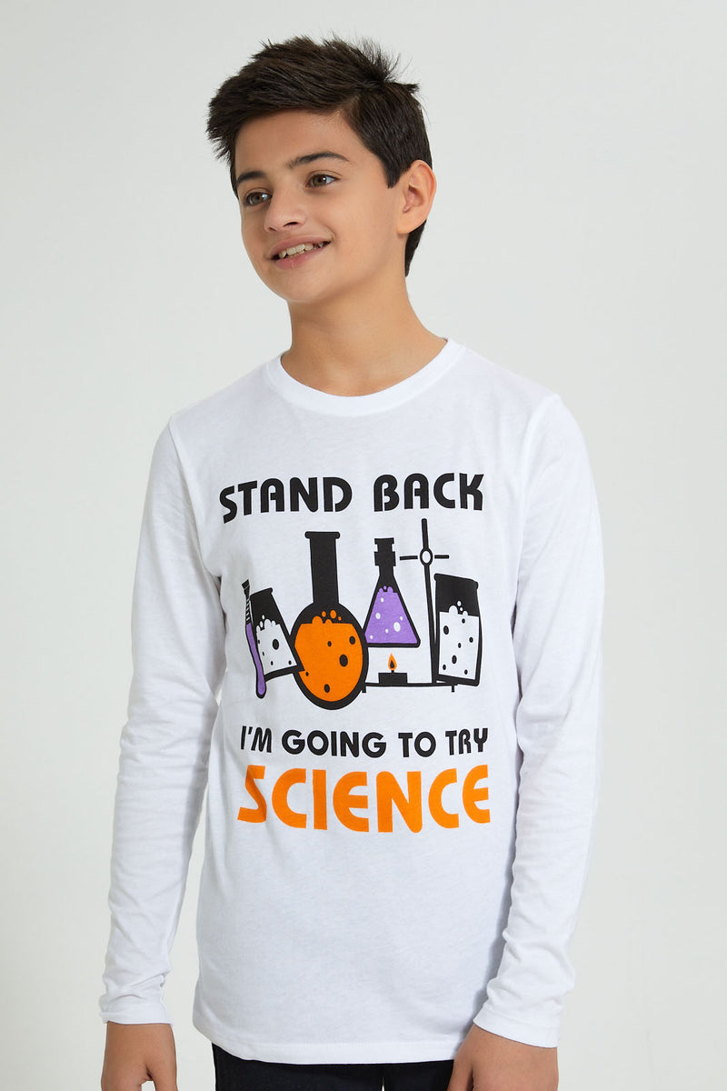 Redtag-White-Going-To-Try-Science-T-Shirt-Long-Sleeves-Senior-Boys-9 to 14 Years