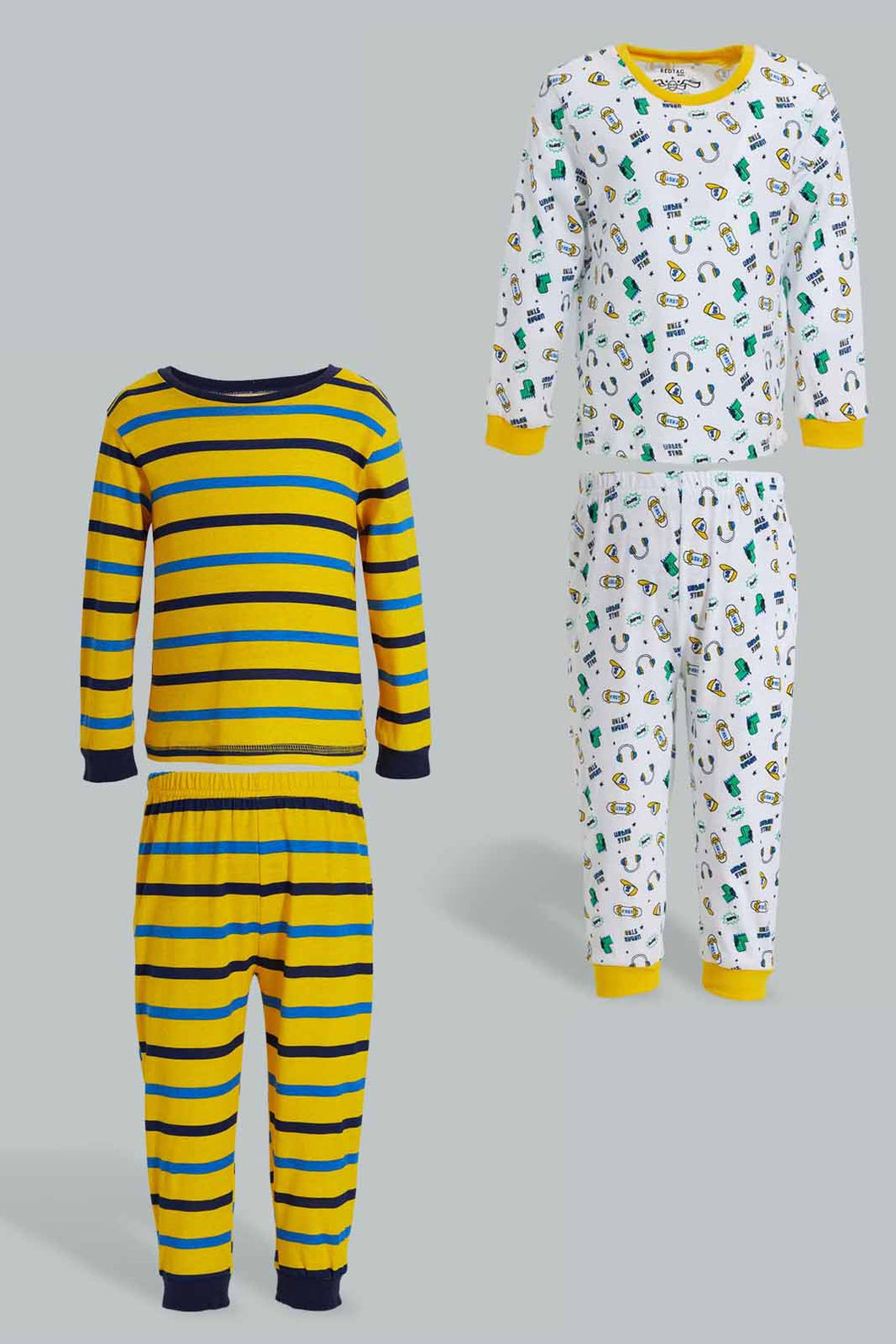 Redtag-Mustard-Striped-And-White-Muscl-Pj-Set-4-Pack-Pyjama-Sets-Infant-Boys-3 to 24 Months